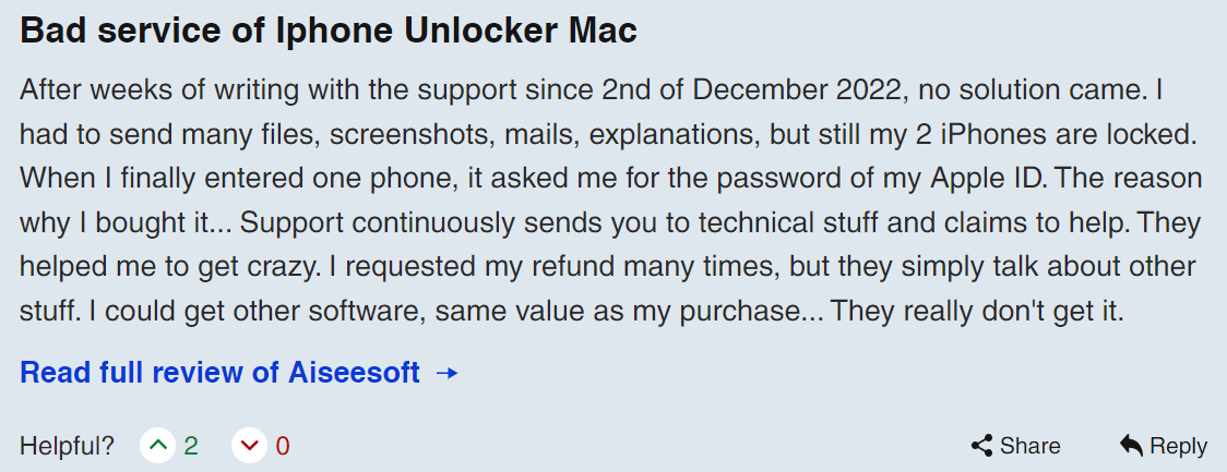Avis négatif sur Aiseesoft iPhone Unlocker